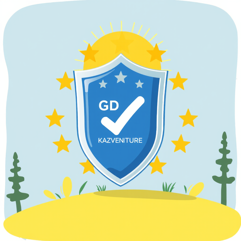 GDPR compliance illustration showing data protection shield with checkmark, representing KazVentures commitment to privacy and data security for users interested in renewable energy and sustainable development in Kazakhstan