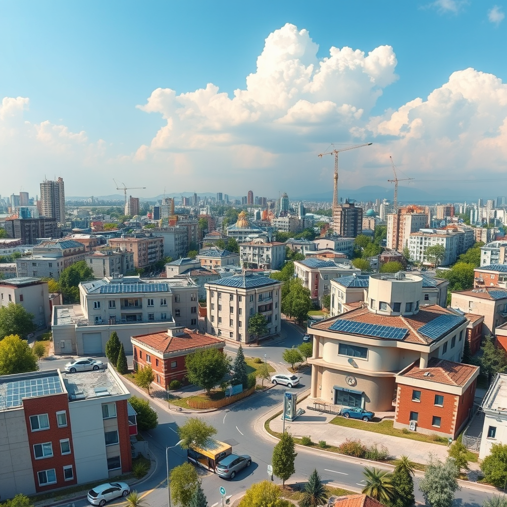 Панорама умного города в Нур-Султане с интегрированными системами энергоменеджмента, солнечными панелями на крышах зданий и электрическими зарядными станциями
